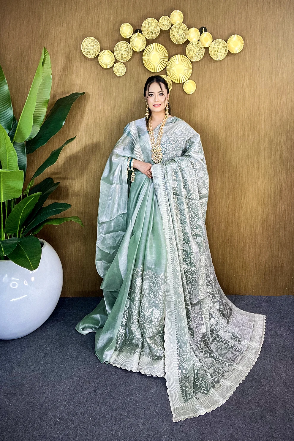 Light Pesta Silver Grace – Premium High Grade Stone Saree ✨